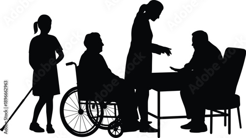 Disability support and healthcare silhouette vector illustration, people with disabilities and caregivers communicating, wheelchair assistance and rehabilitation concept design