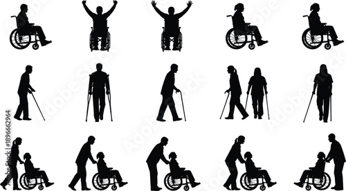 Disability assistance silhouettes vector set showing wheelchair users and elderly people walking with canes, healthcare support poses for accessibility, medical, social care design