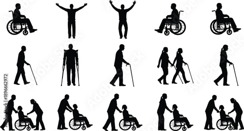 Disabled people and caregivers silhouettes collection showing wheelchair users walking with canes and support assistance, inclusive accessibility vector illustration, black isolated figures set