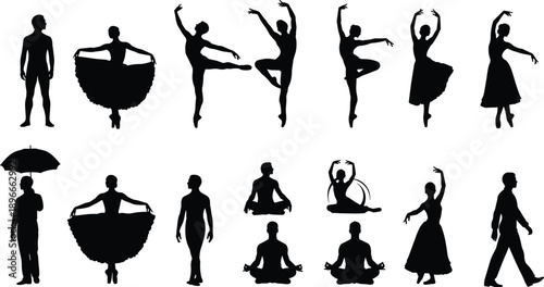 Diverse black vector silhouettes set featuring ballet dancers, yoga meditation poses, and casual standing figures, representing art, performance, wellness, movement, and human activity collection.