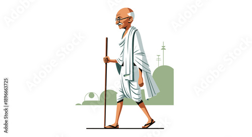 Cartoon illustration of Mahatma Gandhi walking with a staff, depicted in traditional Indian attire against a minimalist background.