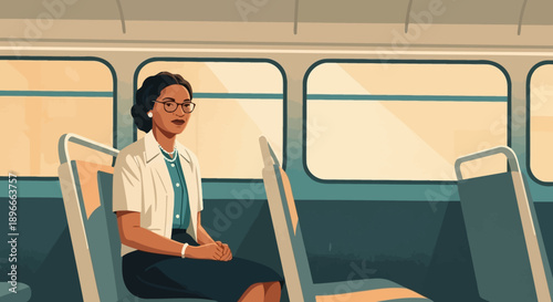 An illustration of a woman, resembling Rosa Parks, sitting calmly on a bus seat, looking forward, with empty seats and windows visible in the background.