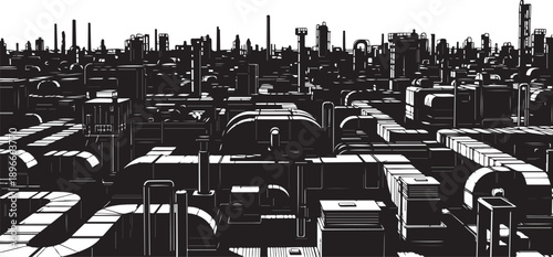 Black and white illustration of a cityscape with buildings