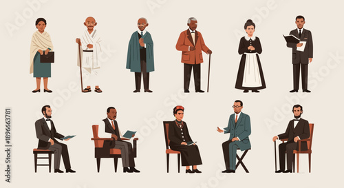 A diverse group of historical figures, including leaders and activists, depicted in a stylized illustration with a neutral background.