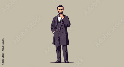 A detailed vector illustration of Abraham Lincoln standing in a dark suit against a plain background.