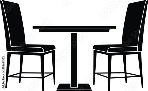 Dining table with two chairs vector illustration isolated on white background, modern furniture silhouette design for restaurant, cafe, interior dining concepts