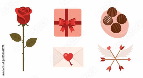 Valentine's Day symbols including rose, gift, chocolates, love letter, and Cupid's arrows on white background