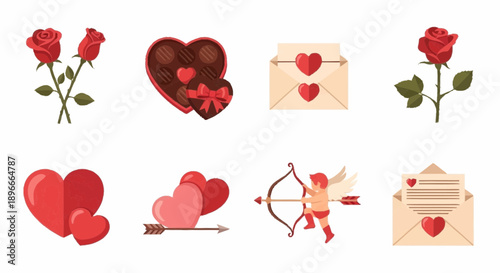 Collection of heart-shaped icons and roses representing love and affection on Valentine's Day