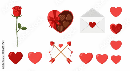 Assorted red hearts and rose, chocolates, and love letter illustrations on a digital graphic