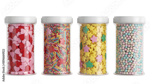 Plastic jars filled with sprinkles confetti sugar toppings for desserts
