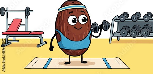 Cute raisin character working out with dumbbells in a gym