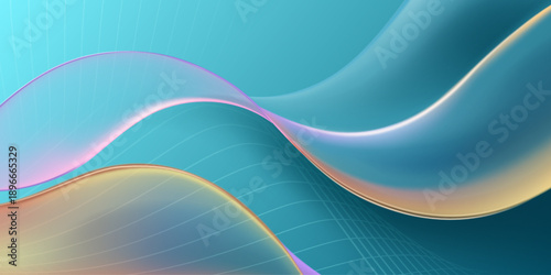 Smooth, flowing curves with iridescent sheen on turquoise background, gradient colors blend in wavy pattern.