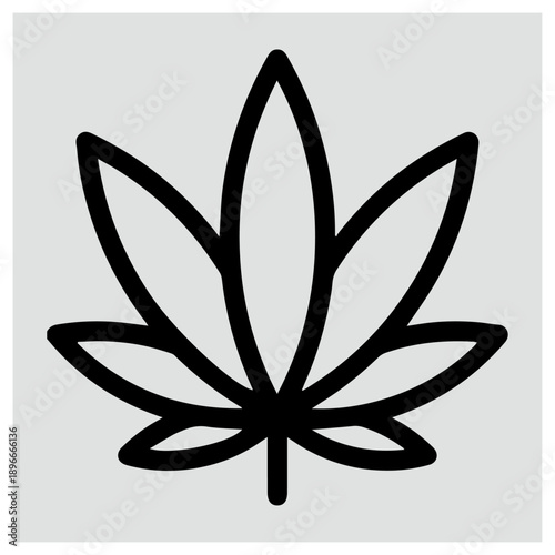 A minimalist black outline icon of a cannabis leaf on a light gray background isolated on white background, Vector