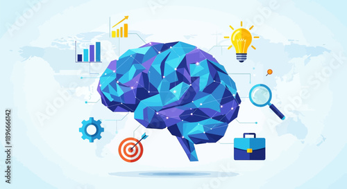 Human Brain Illustration with Business Icons.
