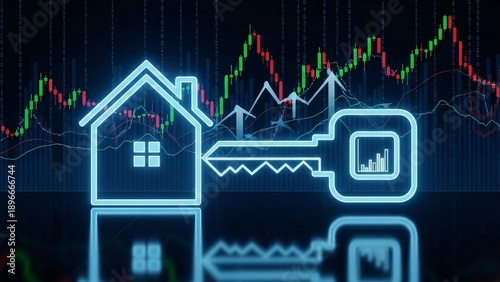 A neon house and key icon with financial graphs in the background, depicted in a digital illustration style with futuristic elements and data visualization