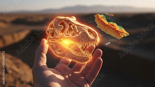 A hand holding a glowing brain with a flying Whisk nearby in a desert landscape
