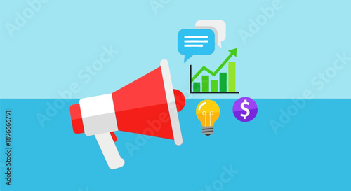 Red Megaphone with Icons and Symbols.