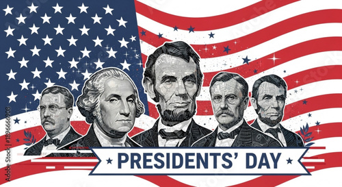 Presidents' day celebration with us flag and five presidents portraits