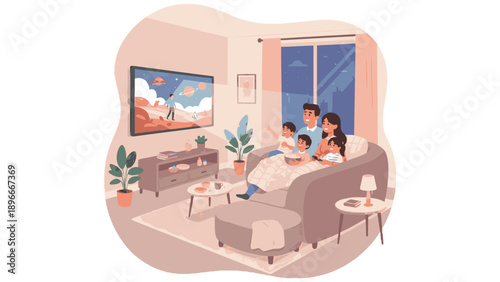 Happy Family Watching Television Together at Home