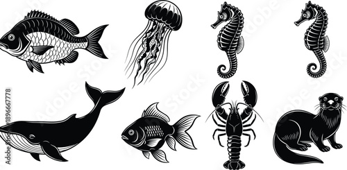 Detailed Marine and Aquatic Animals Silhouettes Vector Set, Including Fish, Whale, Jellyfish, Lobster, Seahorse, and Otter Icons, Black Monochrome Sea Life Collection for Nature 