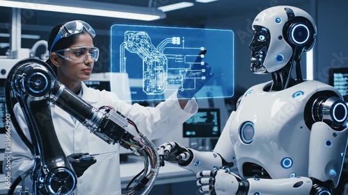 Female engineer and robot collaborating on advanced robotic arm in lab