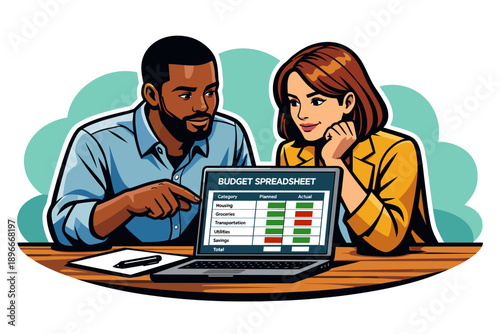 Couple reviewing budget spreadsheet on laptop together.