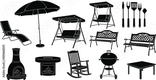 Outdoor garden furniture silhouettes including swing bench umbrella grill tools fireplace chairs table patio backyard vector icon set