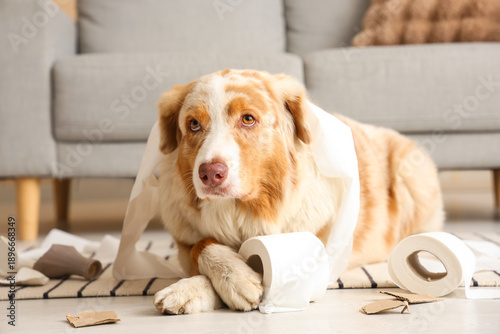 Naughty dog with mess playi...