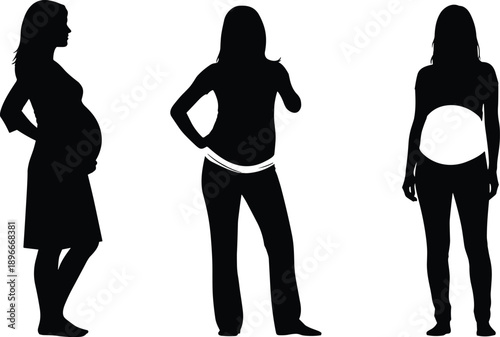 Pregnant woman silhouettes showing pregnancy stages and belly growth, maternity health concept isolated on white background vector illustration