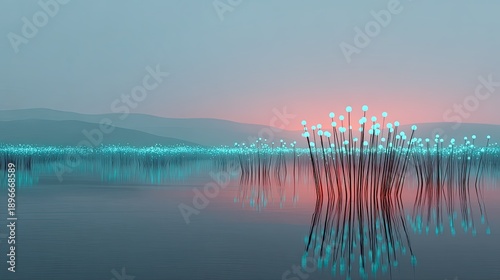 Ethereal Glow of Futuristic Plants Rising from Calm Water at Dusk with Mysterious Mountains in the Background and a Soft Pink Horizon