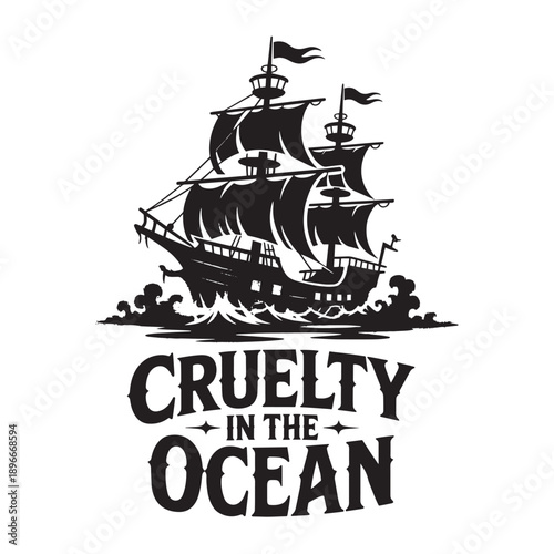 “Cruelty in the Ocean” Vector Logo Ghost Pirate Ship in Obscured Fog Design