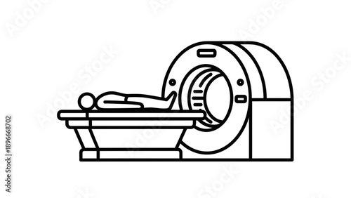 Medical scanner line art icon, patient on examination table inside MRI machine