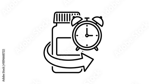 Medicine bottle with alarm clock and arrow icon, healthcare time management concept