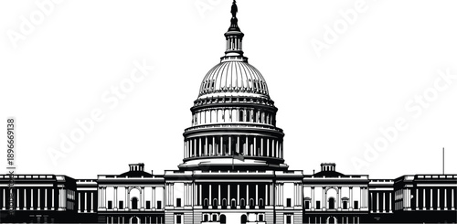 Black and white vector illustration of United States Capitol building silhouette landmark government architecture isolated on white background engraving style