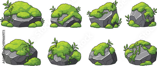 Cartoon moss covered rock set vector illustration collection of green forest stones isolated nature elements for game assets design