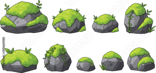 Cartoon mossy rock collection vector illustration of green forest stones isolated nature elements for game assets environment design pack