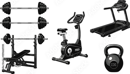 Gym fitness equipment set with barbell bench press treadmill exercise bike kettlebell isolated monochrome vector illustration training collection