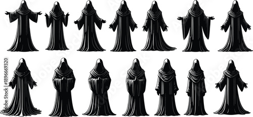 Hooded dark robed figures set mysterious cloaked silhouettes fantasy cult characters standing poses isolated monochrome vector illustration collection