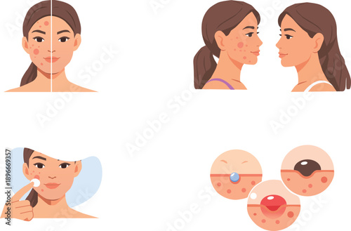 Acne Treatment Vector Set Before After Skincare Process Illustration