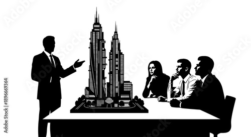 Businessman presenting cityscape model to colleagues at meeting table