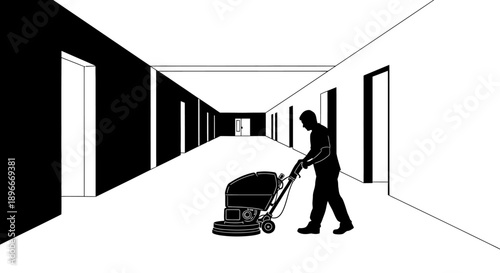 Man vacuuming a long corridor with multiple doors, viewed from behind