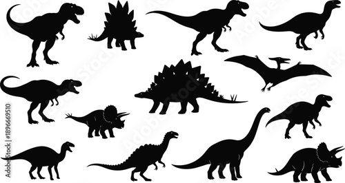 Detailed black silhouette vector illustration displaying multiple dinosaur species, including carnivores, herbivores, and flying reptiles, ideal for educational 