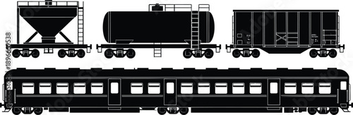 Detailed black silhouette vector illustration of mixed freight wagons and passenger railcar, featuring tanker, hopper, boxcar, and coach design for railway transport graphics