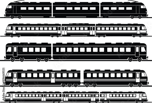 Detailed black silhouette vector illustration of various modern passenger train sets, featuring multiple carriage designs, electric units, railway transport elements, 
