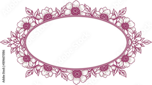 described features a purple  oval frame adorned with intricate floral designs.