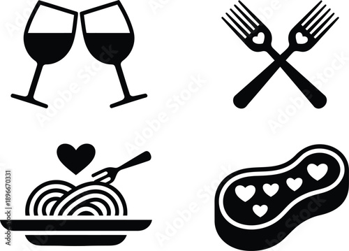 Romantic date night dining icons collection, Valentine’s Day restaurant menu symbols with candle, wine and elegant dinner elements vector set.