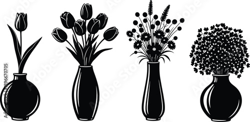 Flower bouquet silhouettes in vases black vector set tulips wildflowers decorative floral arrangements isolated minimalist home decor illustration