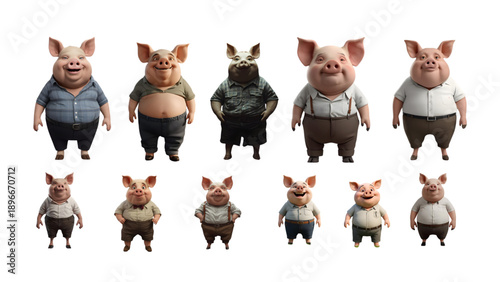 cartoon set of pig man wearing clothes