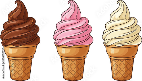Three soft serve ice cream cones chocolate strawberry vanilla flavors waffle cups isolated vector illustration sweet dessert collection