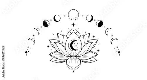 Lotus Crescent Moon Line Art with Celestial Symbols Illustration